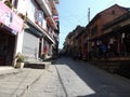 Stone paved road in Gorkha, traditional houses, Nepal