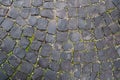Stone pavement texture. Granite cobblestoned background. Abstract of old cobblestone close-up. Seamless . Prague Royalty Free Stock Photo