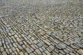 Stone paving medieval, granite, gneiss, small rectangular shape brushed old stones cobblestone paving, path, sidewalk gray brown c