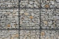 Stone and pebbles in wire mesh wall.