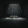 A stone pedestal in a dark, empty room, illuminated by intense rays of light from above, creating a powerful and solemn atmosphere Royalty Free Stock Photo