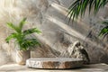 A stone pedestal with a green background and plants. stone podium for mockup.aigenerative