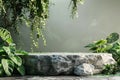 A stone pedestal with a green background and plants. stone podium for mockup.aigenerative