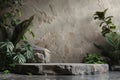 A stone pedestal with a green background and plants. stone podium for mockup.aigenerative