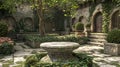 A stone pedestal in a lush, stone courtyard Royalty Free Stock Photo