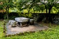 Stone picnic table under shade trees