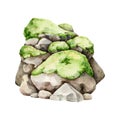 Stone pile with green moss. Watercolor illustration. Hand drawn rocks natural element. Solid mossy rocks. Park, forest