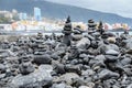 Stone piles Cairns on Playa Jardin, Peurto de la Cruz, Tenerife, Canary Islands, Spain