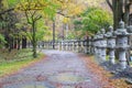 Stone pillar lanterns pathway near Lake Yunoko in Autumn, in Nikko Royalty Free Stock Photo