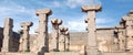 Stone pillars in the ruin of the temple in Hampi, Karnataka, India