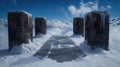Stone pillars on a snow covered path above the clouds Royalty Free Stock Photo