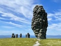 Stone pillars of weathering on the Manpupuner mountain plateau in the Komi Republic in Russia in summer in clear weather