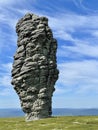 Stone pillars of weathering on the Manpupuner mountain plateau in the Komi Republic in Russia in summer. Rock Shaman