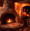 Stone pizza oven and pepperoni pizza close up Royalty Free Stock Photo