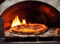 Stone pizza oven and pepperoni pizza close up Royalty Free Stock Photo