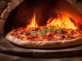 Stone pizza oven and pepperoni pizza close up Royalty Free Stock Photo