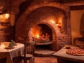 Stone pizza oven and pepperoni pizza close up Royalty Free Stock Photo