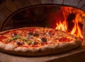Stone pizza oven and pepperoni pizza close up Royalty Free Stock Photo