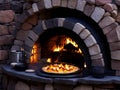 Stone pizza oven and pepperoni pizza close up Royalty Free Stock Photo