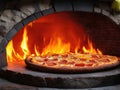 Stone pizza oven and pepperoni pizza close up Royalty Free Stock Photo