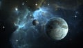 Stone Planet with moon on background nebula. Royalty Free Stock Photo
