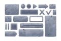 Stone plates, boards, banners for games. GUI design elements set. Rock, metal panels, buttons, keys, frames, arrows