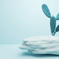 Stone podium and cactus on blue background with copy space 3D render