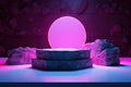 Stone Podium with Neon LED Background Futuristic Blank Product Stand for Showcase and Presentation. created with Generative AI