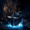 Stone podium. Waterfall ice cold or crystal gem sapphire blue glow on stone ground pond stream. Generative Ai.