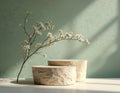Stone podiums display products with blooming branch. Sage wall backdrop, soft light creates shadow patterns. Minimalist scene Royalty Free Stock Photo