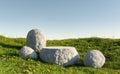 Stone product display stand in green meadow