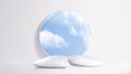 Stone product podium mockup with clouds on sky.