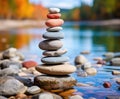 Stone pyramid. Pebbles balance pile, harmony zen stones, balance stack, sea pebble pyramid on shoreline, relaxation
