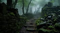 A stone relic in a foggy forest setting with lush vegetation