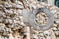 Stone ring at the Ball court Juego de Pelota at the ruins of the ancient Mayan city Uxmal, Mexi
