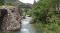 Stone river green trees