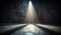 Stone room illuminated by a single light source, creating dramatic shadows on the flagstone floor. Generative AI Royalty Free Stock Photo