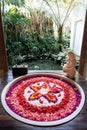 Stone round bath tub with flower shaped petals in pink,red,white colors near window with jungle view. Organic spa Royalty Free Stock Photo