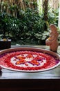 Stone round bath tub with flower shaped petals in pink,red,white colors near window with jungle view. Organic spa Royalty Free Stock Photo