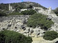 Stone ruins of an ancient building on the slope of a rocky hill, overgrown with green dense vegetation, in good weather