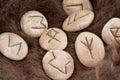 Stone runes on a animal fur. Futhark viking alphabet. Close up photo of Norse runes Royalty Free Stock Photo