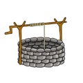Stone rustic well with wooden element and rope. Rural building