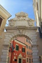 Stone sculptures decorate old gate of a Venetian town on the shores of Adriatic sea, Rovinj, Croatia