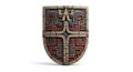Ancient Stone Shield with Intricate Blue and Red Carvings Royalty Free Stock Photo