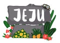 Stone sign, welcome to Jeju island in South Korea, traditional symbols of island around stone