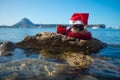 Stone with a smile and in a Santa red hat is laying on a big rock. Royalty Free Stock Photo