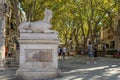 Stone sphinx and plaque of the Passeig del Borne