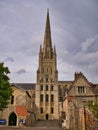 The stone spire of the Norman style Norwich Cathedral, the cathedral church for the Church of England Diocese of Norwich, Norfolk