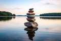 stone stack balanced on a serene lakeside