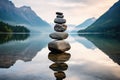 stone stack balanced on a serene lakeside